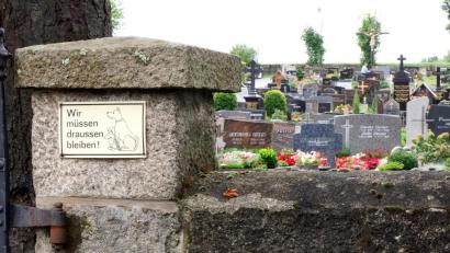 Bild: bkr
Nicht immer beachtet blieb bislang das Hinweisschild am Eingang zum Friedhof. Hundehäufchen zwischen den Gräbern sprechen dafür. Mit einem neuen Schild hofft die Gemeinde, dem Ärgernis zu begegnen.