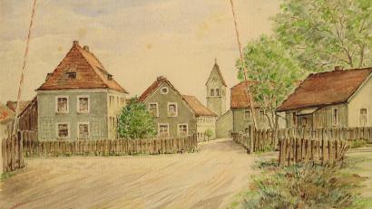 Bild: Pfarrgemeinderat Schwarzenbach/exb
Ortsansicht von Schwarzenbach aus dem Jahr 1949. Der Maler des Bildes war Johann Brandl, der bereits verstorben ist.