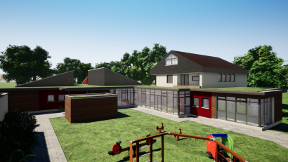 Archivbild: Architekturbüro H&amp;F/exb
So soll die erweiterte Kindertagesstätte Maria Königin nach der Erweiterung um zwei weitere Kinderkrippengruppen als erdgeschossiger Anbau an das ehemalige Schwesternwohnhaus aussehen. Noch fehlt allerdings die Baugenehmigung.