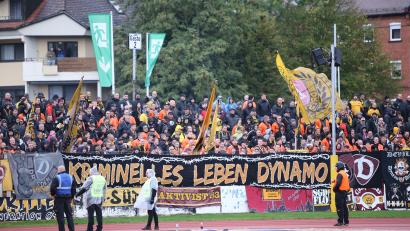 Bild: Marcus Foerster
"Kriminelles Leben Dynamo": Das Transparent gab am Samstag in Bayreuth für viele Dresden-Fans das Motto vor.