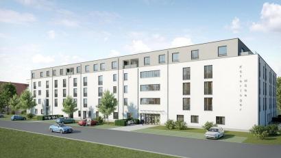 Grafik: INREAL/Bayern Care GmbH
So soll es auf der „Köferinger Höhe“ einmal aussehen: Neben 40 seniorengerechten Wohnungen entsteht auch dieser Gebäudekomplex mit 72 Pflegeappartements.