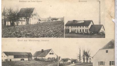 Bild: Archiv Sporrer/exb
„Gruß aus Marchaney“: Diese Postkarte aus dem Privatbesitz der Familie Sporrer (ehemals Gasthaus) ist gestempelt im Jahr 1915 und zeigt Ansichten vom Dorf vor dem Brand im gleichen Jahr. Dabei wurde die Jakobuskirche massiv beschädigt.