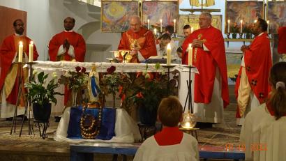 Bild: Günther Jehl/exb
An der Gebetsaktion „Eine Million Kinder beten den Rosenkranz“ im Marienmünster auf dem Schwandorfer Kreuzberg nahm auch Bischof Rudolf Voderholzer (Mitte) teil.