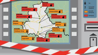 Grafik: Maderer, Romy
Hier wurden in den vergangenen fünf Jahren Bankautomaten überfallen - oder dies zumindest versucht. Quelle: BLKA