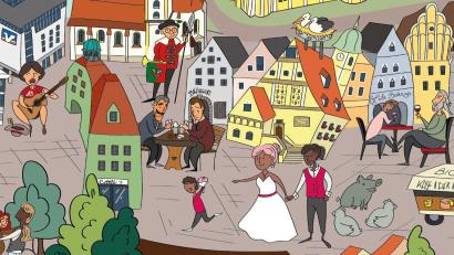 Bild: Stefania Santoro
Die Altstadt als Detail aus der Vorlage für das Puzzle "Weiden wimmelt". Links oben ist der Ideengeber der Aktion, Norbert Weig, als Straßenmusiker zu sehen.