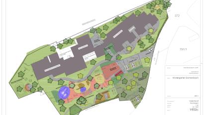 Grafik: Architekturbüro Fetsch/exb
Die neuen Außenanlagen um den Bestandsbau des Kindergartens (links) und die neugebaute Kinderkrippe (rechts) enthalten unter anderem einen Erlebnisweg, einen Lehrpfad, eine Dschungelebene und sogar ein Amphitheater. 	Grafik: Fetsch Landschaftsarchitekten/exb