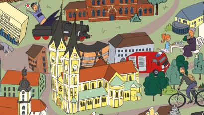 Grafik: Stefania Santoro
Josefskirche, Josefshaus, RAW-Gelände, Feuerwehr und Flaschensammler. So bunt geht es in diesem Detail des Weiden-Wimmelbilds zu, das Illustratorin Stefania Santoro im Auftrag von PuzzleYou entworfen hat.