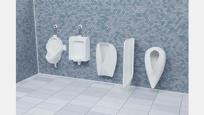 Bild: University of Waterloo/dpa
Die Computerdarstellung zeigt zwei Urinale mit traditionellem Design (l.) und drei von den Forschern entworfene Urinale.