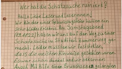 Bild: exb
"Wer hat die Schnitzeljagd ruiniert?" fragen Kinder vom Hammerweg in einem Brief an die Redaktion.