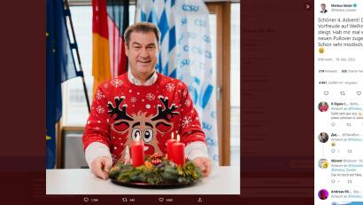 Screenshot: Markus Söder/Twitter
Meint er das ernst? Das fragen sich viele Twitter-Nutzer angesichts dieses Fotos von Söder aus der Staatskanzlei.