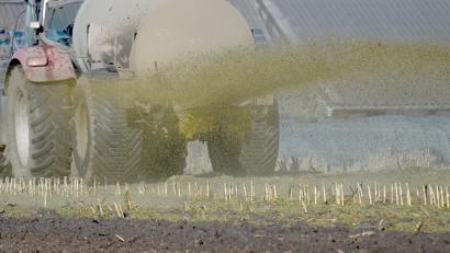 Bild: Carsten Rehder/dpa
Ein Traktor mit Gülleanhänger versprüht den Wirtschaftsdünger. In "roten Gebieten" ist das nur eingeschränkt möglich.