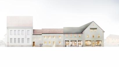 Bild: Architekturbüro Brückner&amp; Brückner/exb
So soll nach den aktuellen Plänen das Luitpold-Theater nach der Revitalisierung aussehen. Die Staffelung mit den drei verschiedenen Gebäudehöhen wollen die Planer beibehalten. Dort sind hauptsächlich Funktionsräume vorgesehen. Durch die Schaukästen blickt man künftig in die Schaubrauerei der Braujuwaren.