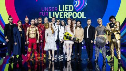 Bild: Rolf Vennenbernd/dpa
Teilnehmende stehen bei den Proben zu Eurovision Song Contest 2023 „Unser Lied für Liverpool“ auf der Bühne.