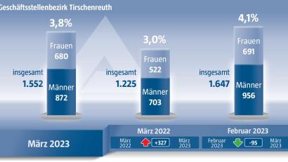 Grafik: Oberpfalz-Medien/Quelle: Agentur für Arbeit
Der Arbeitsmarkt im Landkreis Tirschenreuth im März 2023.