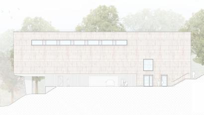 Bild: Architekturbüro Heid + Heid/exb
Die neue Zweifachturnhalle der Mittelschule Tirschenreuth soll in eineinhalb Jahren fertig sein. Im Obergeschoss finden sich die Halle selbst sowie die Funktionsräume. Im Untergeschoss sind Auto- und Fahrradstellplätze vorgesehen.