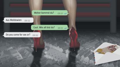 Grafik: Laura Fröhler. Bilder: Adobe Stock, Luftbild: M. Ascherl
Auf Online-Portalen sind Prostituierte (oder Zuhälter) per Chat erreichbar. Diese Nachrichten sind im Original der Kommunikation mit Sexarbeiterinnen in Weiden entnommen.