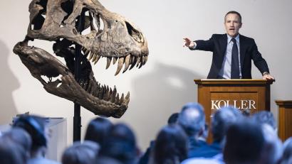 Bild: Michael Buholzer/KEYSTONE/dpa
Cyril Koller, Geschäftsleiter des Auktionshauses Koller, gestikuliert neben dem Kopf eines T-Rex-Skeletts während einer Auktion des Auktionshauses Koller.