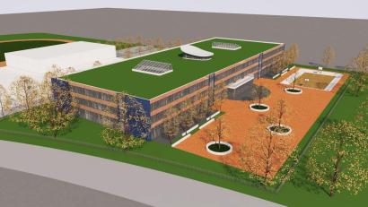 Grafik: Obel-Architekten, Donauwörth
Die neue Realschule (links in Weiß die Sportstätten) nach einem früheren Entwurf der Obel-Architekten.