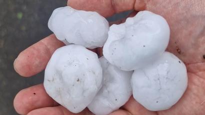 Bild: Hutter/vifogra/dpa
Große Hagelkörner liegen nach einem Unwetter auf einer Hand.