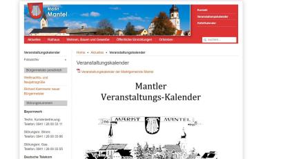 Screenshot: https://www.markt-mantel.com/index.php/aktuelles/veranstaltungskalender
Die Homepage des Marktes Mantel soll überarbeitet und zu einer Art "Bürger-App" werden.