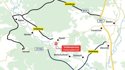 Grafik: Meier, Marco; Quelle: Staatliches Bauamt Amberg-Sulzbach
Rund um Mantel müssen Autofahrer in den nächsten sechs Wochen mit Umleitungen leben. Die Staatsstraße 2166 ist an der Haidenaab gesperrt.
