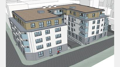 Grafik: Kreuzer Wohnbau GmbH
Für diesen Bau wird das Evangelische Vereinshaus abgerissen. Die Kreuzer Wohnbau GmbH plant an gleicher Stelle einen Komplex mit 37 Wohneinheiten.
