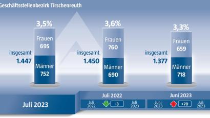 Grafik: Oberpfalz-Medien/Quelle: Agentur für Arbeit
Der Arbeitsmarkt im Landkreis Tirschenreuth im Juli 2023.
