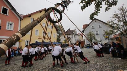 Archivbild: mfh
Zum echten Oberpfälzer Kirwabrauchtum gehört das Baumaufstellen mit den Schwalben. Heuer nimmt den Baum aber wieder ein Autokran an den Haken.