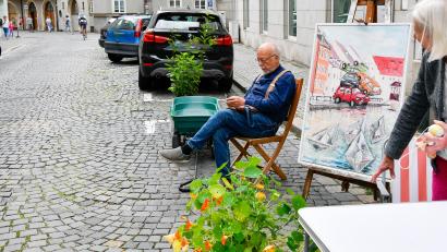 Bild: Petra Hartl
"Mehr Grün, weniger Blech" fordert die IG Menschengerechte Stadt in Amberg. Und kapert dafür am Samstagvormittag zwei Parkplätze in der Altstadt mit Leiterwagen und Topfpflanzen.