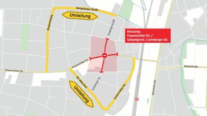 Grafik: Quelle: Stadt Weiden, Grafik: Marco Meier, Oberpfalz-Medien
So wird der Verkehr umgeleitet, wenn Frauenrichter Straße und Zubringer blockiert sind.