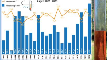 Bild: David Frahnow / Grafik: Laura Fröhler
Bei der Durchschnittstemperatur mittelmäßig und extrem viel Regen, so präsentierte sich der August 2023 in Störnstein.