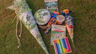 Bild: Lisa-Marie Berlinger/exb
Emilios Schultüte: Er bekommt Süßigkeiten, Spielzeug und Lernhilfen – alles möglichst im Dino-Design.