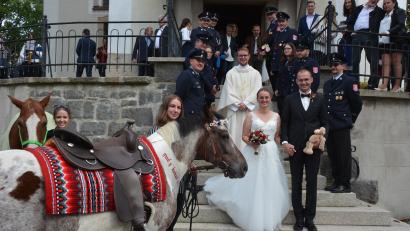 Bild: jr
Maria Neumann und Sebastian Pflaum schlossen am Samstag in der Konnersreuther Pfarrkirche vor Kaplan Bastian Neumann den Bund fürs Leben. Nach der Trauung gab es ein Ehrenspalier und Blasmusik – sogar „Mira“ (vorne), die Stute der Braut, war dabei.