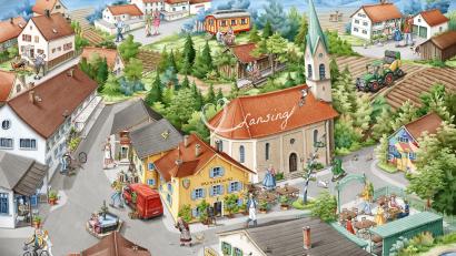 Bild: PuzzleYou/Daniela Grabner
So sieht das Fernsehdorf Lansing, Schauplatz von "Dahoam is dahoam", aus der Feder der Illustratorin Daniela Grabner aus. Dieses Motiv hat sie für ein Puzzle aus dem Hause "PuzzleYou" entworfen.