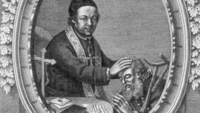 Bild: J M Sockler/https://commons.wikimedia.org/wiki/Category:Johann_Joseph_Gaßner
Diese Abbildung zeigt Johann Joseph Gaßner (1727-1779) während einer seiner Exorzismen.