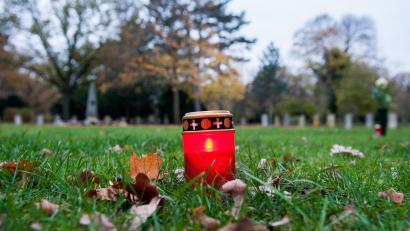 Bild: Hauke-Christian Dittrich/dpa
Nur eine Kerze weist hier den Weg zu einem Urnengrab. Auf allen Friedhöfen geht der Trend zu "pflegeleicht".