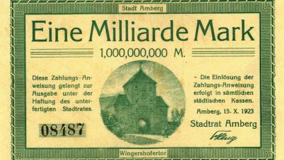 Repro: Giesecke+Devrient Stiftung Geldscheinsammlung 
Die Milliarde mit dem Wingershofer Tor - einer der Notgeldscheine, die vor 100 Jahren gedruckt wurden.