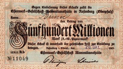 Repro: wsl
Notgeld der Maxhütte: Nominalwert astronomische 500 Millionen Mark, jedoch mit bescheidener und über Nacht sinkender Kaufkraft, versehen mit dem Namen des Empfängers und Ausgabedatum (20. Oktober 1923). Die Ausgabe des Ersatzgeldes erfolgte knapp vier Wochen vor dem Ende der Hyperinflation.