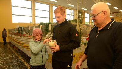 Bild: bey
Wer streichelt nicht gern über die Federn eines schönes Huhns? Vorsitzender Karl Luber und Christoph Plan (von rechts) haben den Kindern dazu in der Ausstellung die Möglichkeit gegeben.