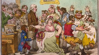 Bild: James Gillray/https://commons.wikimedia.org/w/index.php?curid=2289666
Diese Karikatur aus dem Jahr 1802 zeigt überspitzt Menschen, die Angst vor der Pockenimpfung hatten. Sie befürchteten, dass sie sich in Kühe verwandeln.
