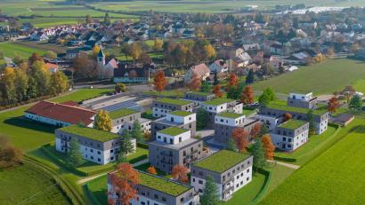 Grafik: MZ Immobilien GmbH &amp; Co.KG/exb
Diese Visualisierung der Wohnkomplexe zeigt, dass alle Gebäude einmal begrünte Dächer erhalten sollen.