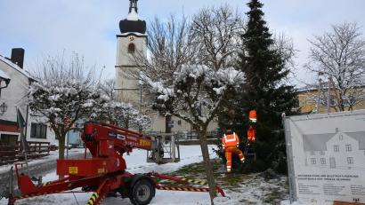 Bild: jr
Am Mittwochvormittag wurde ein Christbaum am Therese-Neumann-Platz aufgestellt.