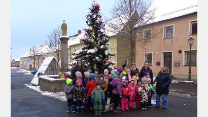 Bild: Mösbauer/exb
Stolz präsentieren sich die Kinder mit ihren Betreuerinnen und der Familienbeauftragten Andrea Kunschir vor dem geschmückten Baum. Neben der Mariensäule steht der Krippenstall.