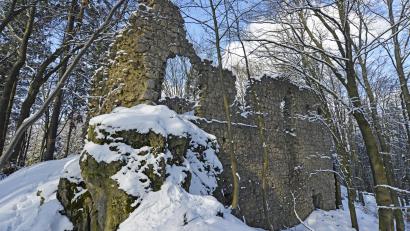 Bild: Günter Moser
Schnee bedeckt derzeit die Mauerreste der Burgruine auf dem Poppberg.