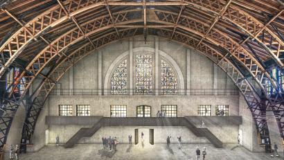 Grafik: Brückner&amp;Brückner/exb
An der Giebelseite der historischen Ofenhalle sollen künstlerisch gestaltete Fenster nach der Vorlage der Entwürfe von Gerhard Richter für den Kölner Dom eingebaut werden.
