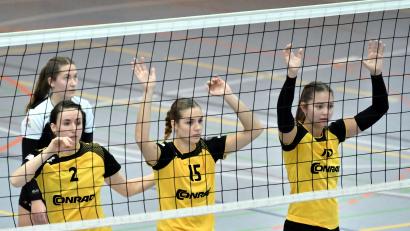Archivbild: Hubert Ziegler
Elisabeth Kiehn, Emma Peter und Lorena Tilgen vom SV Hahnbach erwarten am Netz den Aufschlag der Gegnerinnen. Die Oberpfälzerinnen siegten beim Vorletzten TV Fürth mit 3:1.