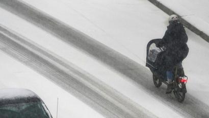 Bild: Marcus Brandt/dpa
Eine Frau fährt mit einem Lastenfahrrad in Hamburg über eine verschneite Straße.
