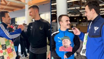 Bild: ama
Tracer begrüßt Mario "The Machine" Schmien (linkes Bild) und redet mit seinem Teamkollegen Tobias Wein über Schnurrbärte (rechtes Bild). Nicht nur im Herzen mit dabei: Faktenschecki (aus Pappe).