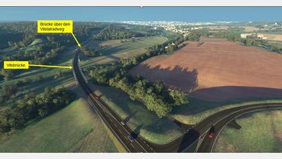 Grafik: Kleeblatt Medien GmbH/exb
Die Visualisierung zeigt den Teil der Westumfahrung, an dem die Brücke über den Vilstalradweg, die heuer noch fertig werden soll, und die Vilsbrücke, deren Baubeginn im Jahr 2023 geplant ist, zu sehen sind. Die Abzweigung unten rechts wird später einmal zu einem Kreisel führen, der die Autos nach Ebermannsdorf und zurück auf die Vilstalstraße bringt. Nach oben verläuft die Straße auf dem Bild in Richtung Grammer in Haselmühl. Stefan Noll weist darauf hin, dass es bei der Grafik um eine Vorab-Visualisierung handelt, die sich im Laufe des Bauprojekts noch verändern kann.