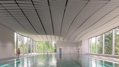 Grafik: studio gollwitzer architekten GmbH München
Alles Wasser: Das wellenförmige Dach des neuen Hallenbads soll das Thema Schwimmen und Freizeit symbolisieren.